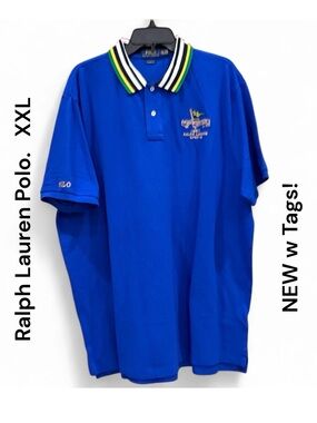 Ralph Lauren Polo Shirt - Bright Blue with Striped Collar - XXL  New with tags